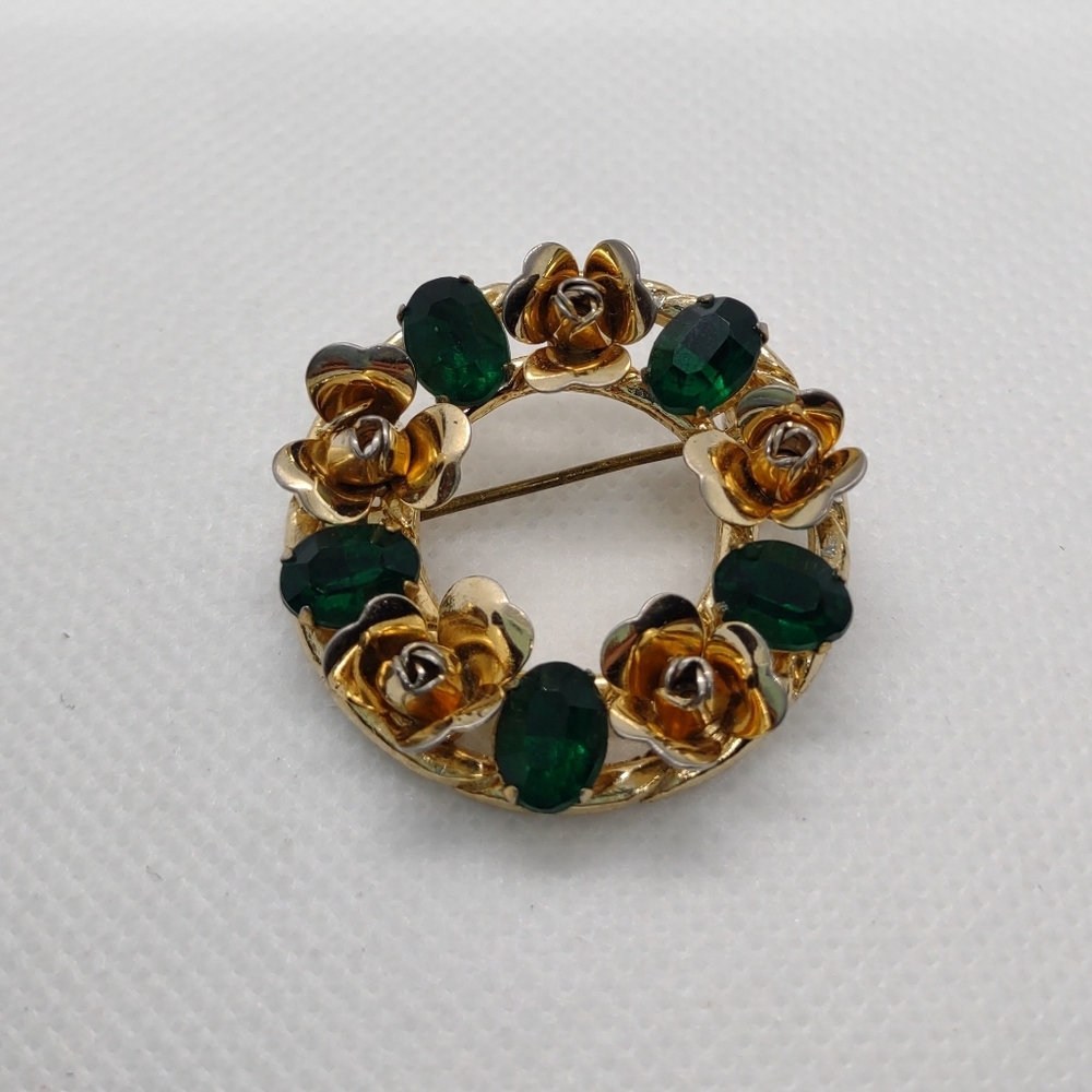Vintage Gold Tone Rose & Green Stone Brooch